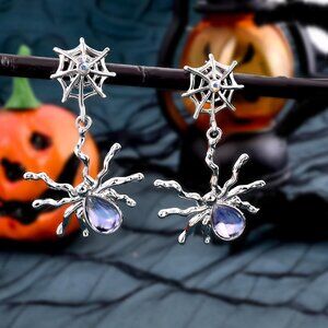 Opalite Rhinestone Halloween Dangling Spider Web Silver Dipped NEW Earrings